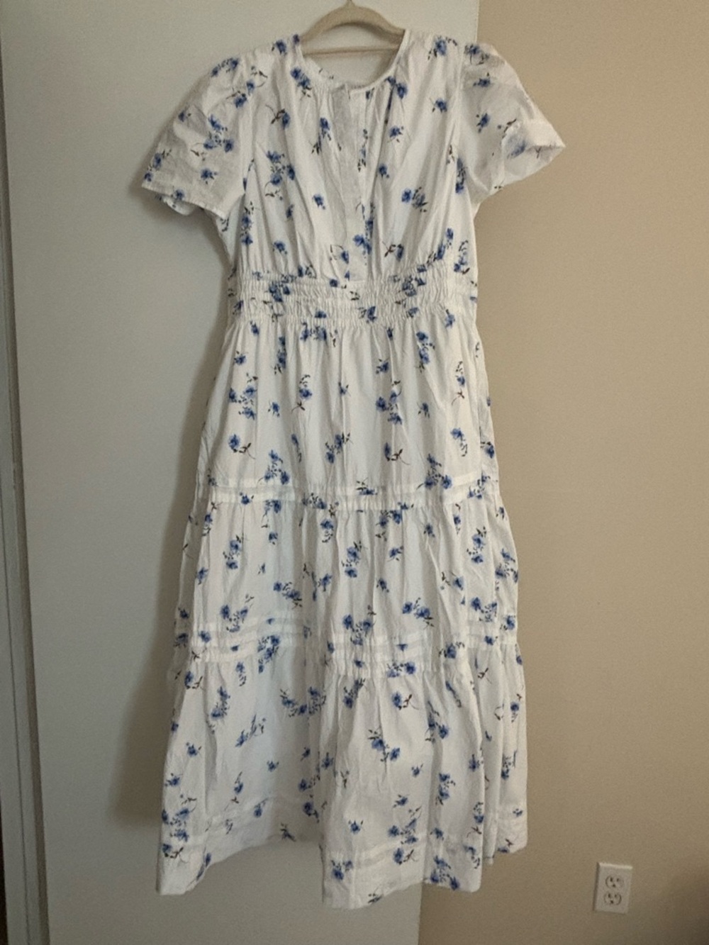 Quince White Maxi Dress with Blue Floral Print